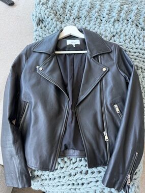 Reiss Black Leather Bomber Jacket with Silver Hardware